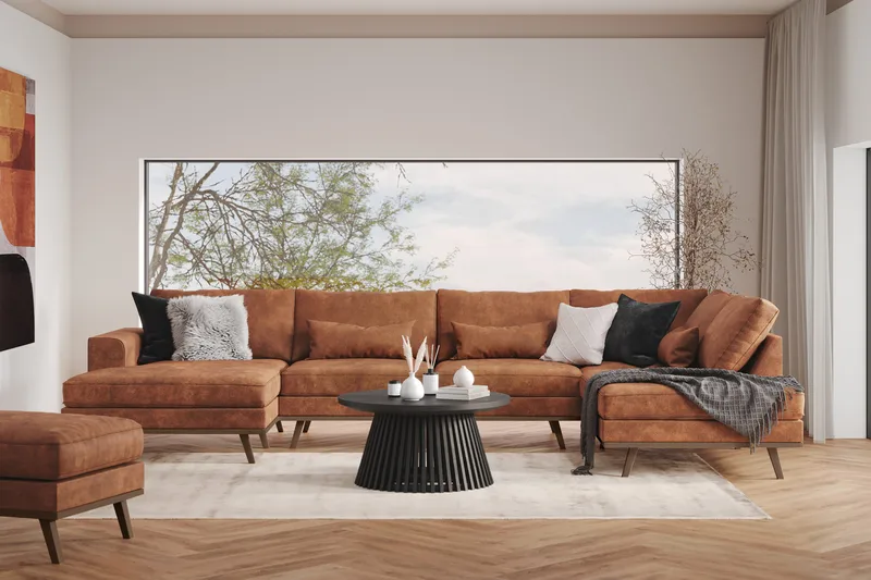 Copenhagen 5-seters Høyrevendt U-formet Sofa med Divan og Sjeselong i Kunstlær - Brun - Møbler - Sofaer - U-sofa