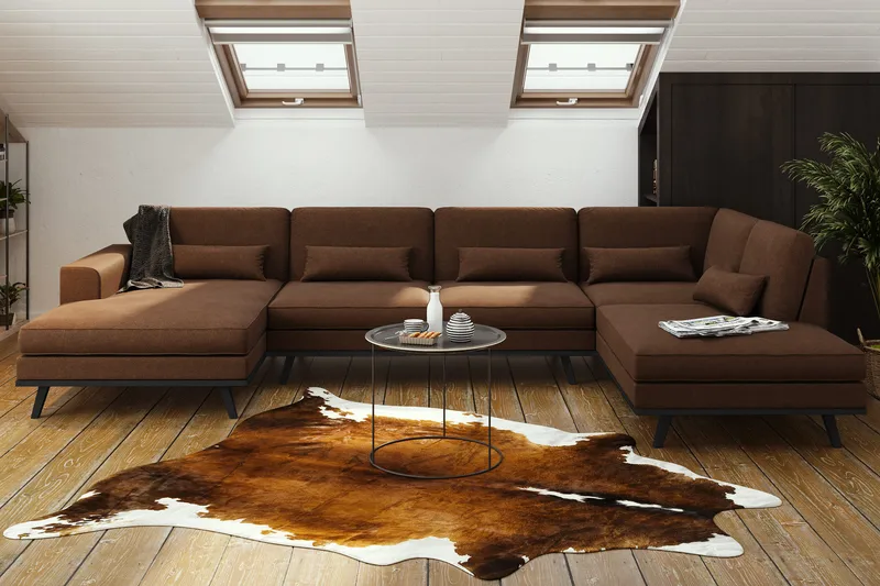 Copenhagen 5-seters Høyrevendt U-formet Sofa med Divan og Sjeselong i Stoff - Brun - Møbler - Sofaer - U-sofa