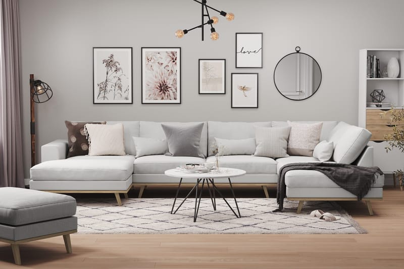 Copenhagen 5-seters Høyrevendt U-formet Sofa med Divan og Sjeselong i Stoff - Grå - Møbler - Sofaer - U-sofa