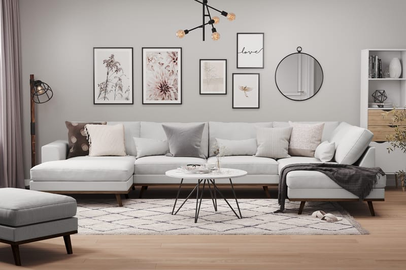 Copenhagen 5-seters Høyrevendt U-formet Sofa med Divan og Sjeselong i Stoff - Grå - Møbler - Sofaer - U-sofa
