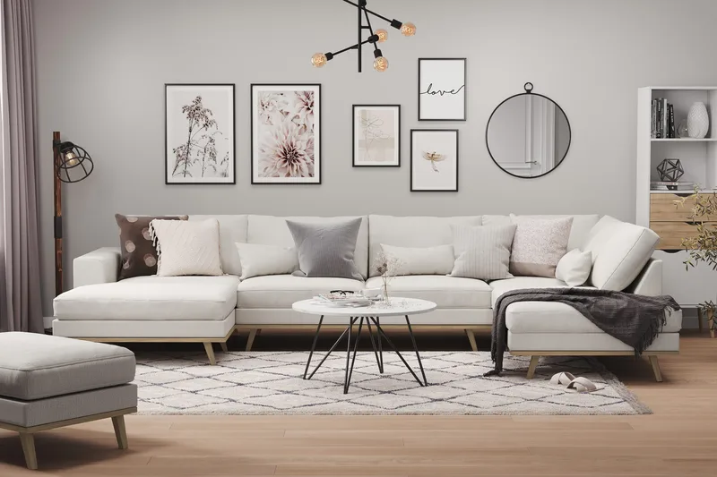 Copenhagen 5-seters Høyrevendt U-formet Sofa med Divan og Sjeselong i Stoff - Lys grå - Møbler - Sofaer - U-sofa