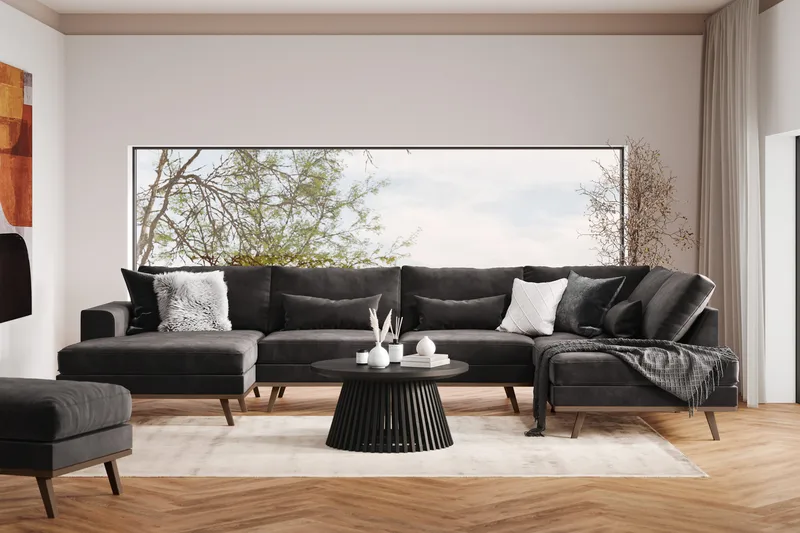 Copenhagen 5-seters Venstrevendt U-formet Sofa med Divan og Sjeselong i Fløyel - Mørk grå - Møbler - Sofaer - U-sofa