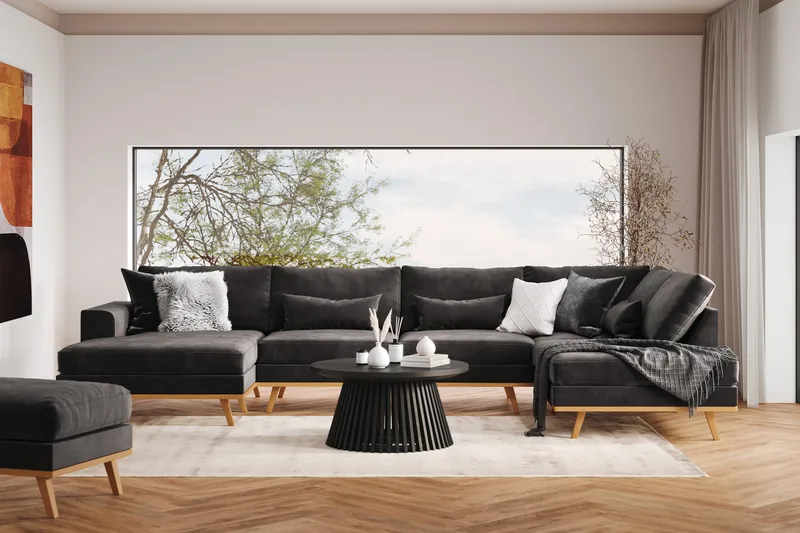 Copenhagen 5-seters Venstrevendt U-formet Sofa med Divan og Sjeselong i Fløyel - Mørk grå - Møbler - Sofaer - U-sofa