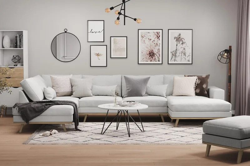 Copenhagen 5-seters Venstrevendt U-formet Sofa med Divan og Sjeselong i Stoff - Grå - Møbler - Sofaer - U-sofa