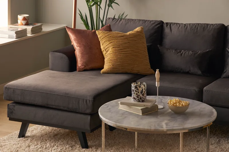 Copenhagen Compact 4-seters Høyrevendt U-formet Large Sofa med Divan og Sjeselong i Fløyel - Mørk grå - Møbler - Sofaer - U-sofa