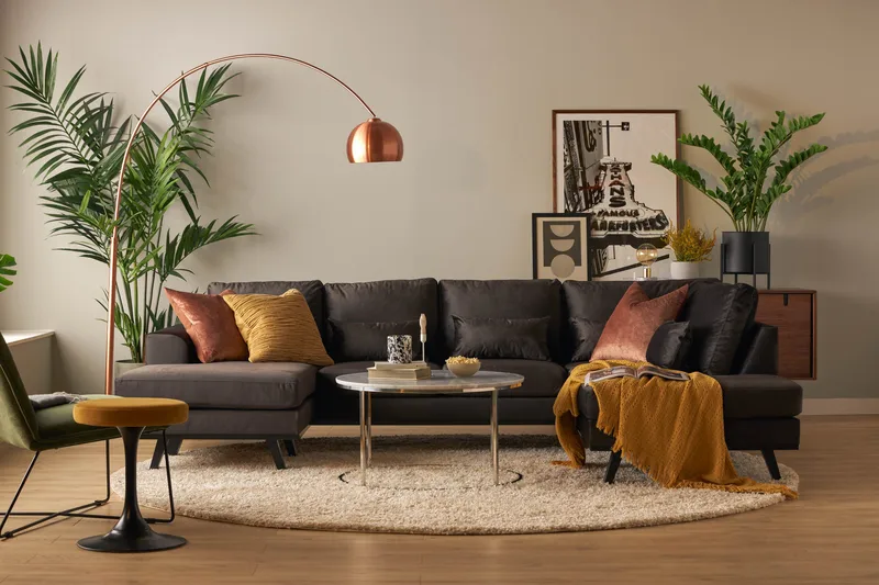 Copenhagen Compact 4-seters Høyrevendt U-formet Large Sofa med Divan og Sjeselong i Fløyel - Mørk grå - Møbler - Sofaer - U-sofa