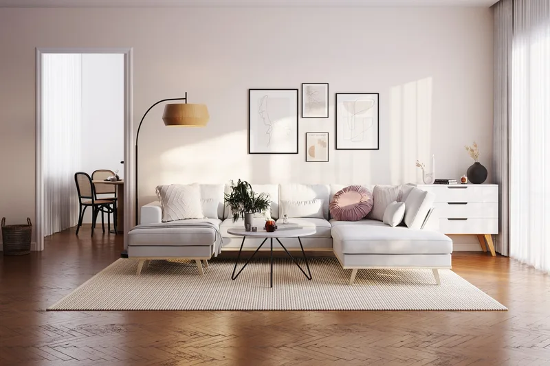 Copenhagen Compact 4-seters Høyrevendt U-formet Sofa med Divan og Sjeselong i Stoff - Lys grå - Møbler - Sofaer - U-sofa