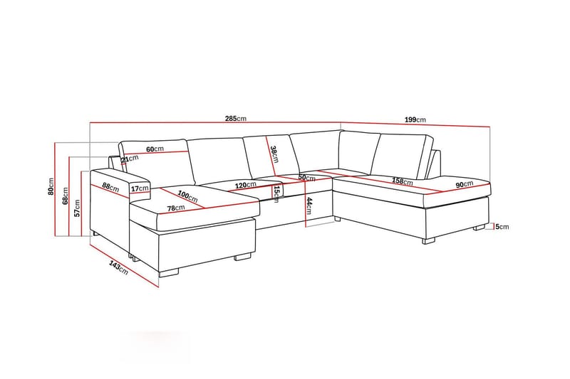 Crazy 4-seters Høyrevendt U-formet Large Sofa med Divan og Sjeselong i Kunstlær - Svart - Møbler - Sofaer - Skinnsofaer