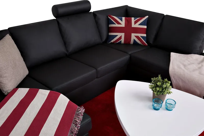 Crazy 4-seters Høyrevendt U-formet Large Sofa med Divan og Sjeselong i Kunstlær - Svart - Møbler - Sofaer - U-sofa