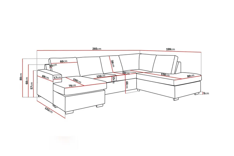 Crazy 4-seters Høyrevendt U-formet Large Sofa med Divan og Sjeselong i Kunstlær - Svart - Møbler - Sofaer - U-sofa