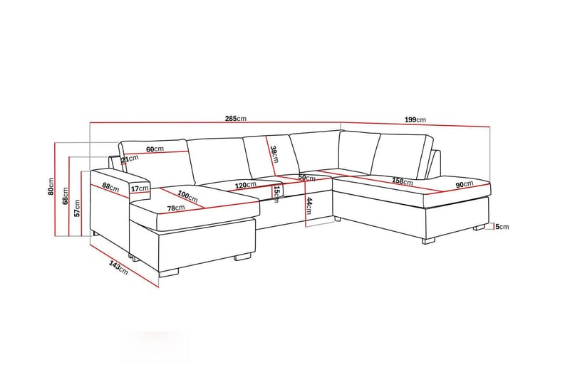Crazy 4-seters Høyrevendt U-formet Large Sofa med Divan og Sjeselong i Kunstlær - Svart - Møbler - Sofaer - U-sofa