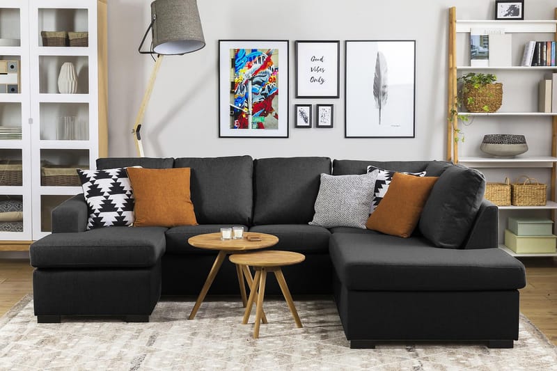 Crazy 4-seters Høyrevendt U-formet Large Sofa med Divan og Sjeselong i Stoff - Antrasitt - Møbler - Sofaer - U-sofa