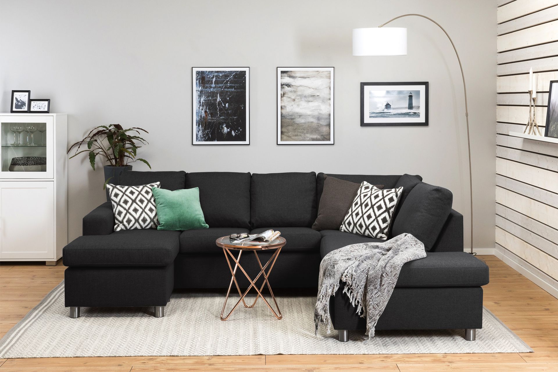 Crazy 4-seters Høyrevendt U-formet Large Sofa med Divan og Sjeselong i Stoff - Antrasitt - Møbler - Sofaer - U-sofa