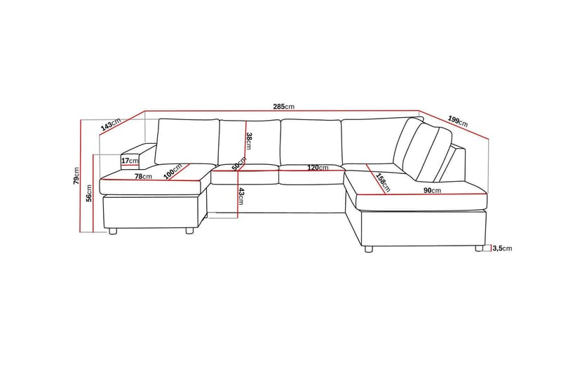 Crazy 4-seters Høyrevendt U-formet Large Sofa med Divan og Sjeselong i Stoff - Antrasitt - Møbler - Sofaer - U-sofa