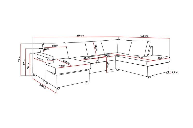 Crazy 4-seters Høyrevendt U-formet Large Sofa med Divan og Sjeselong i Stoff - Antrasitt - Møbler - Sofaer - U-sofa