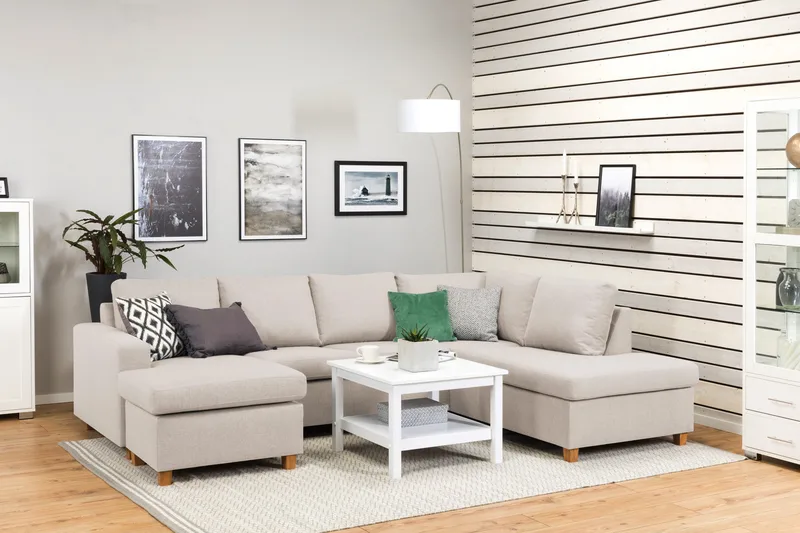 Crazy 4-seters Høyrevendt U-formet Large Sofa med Divan og Sjeselong i Stoff - Beige - Møbler - Sofaer - U-sofa