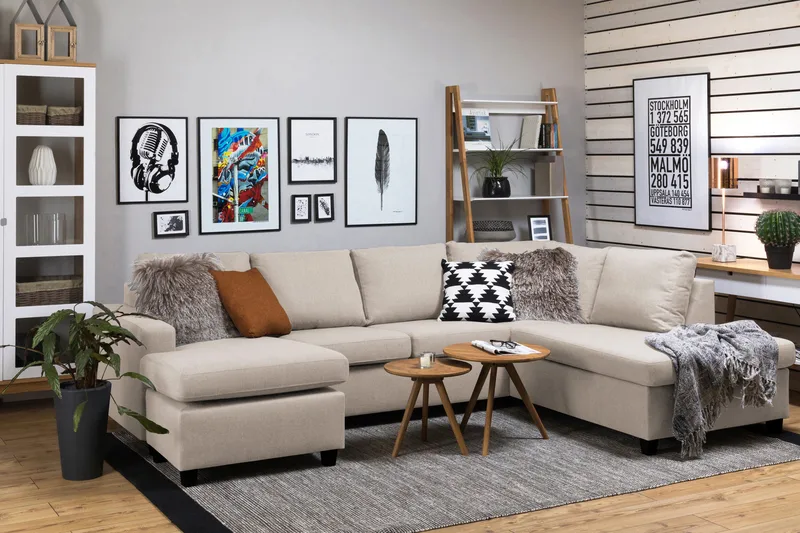 Crazy 4-seters Høyrevendt U-formet Large Sofa med Divan og Sjeselong i Stoff - Beige - Møbler - Sofaer - U-sofa