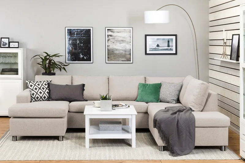Crazy 4-seters Høyrevendt U-formet Large Sofa med Divan og Sjeselong i Stoff - Beige - Møbler - Sofaer - U-sofa