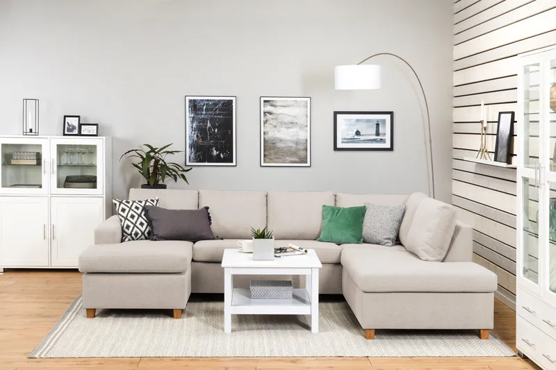 Crazy 4-seters Høyrevendt U-formet Large Sofa med Divan og Sjeselong i Stoff - Beige - Møbler - Sofaer - U-sofa