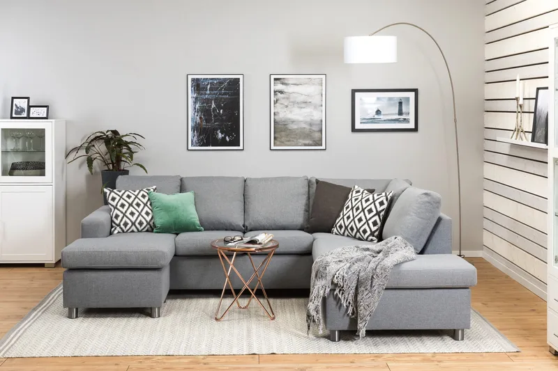 Crazy 4-seters Høyrevendt U-formet Large Sofa med Divan og Sjeselong i Stoff - Grå - Møbler - Sofaer - U-sofa