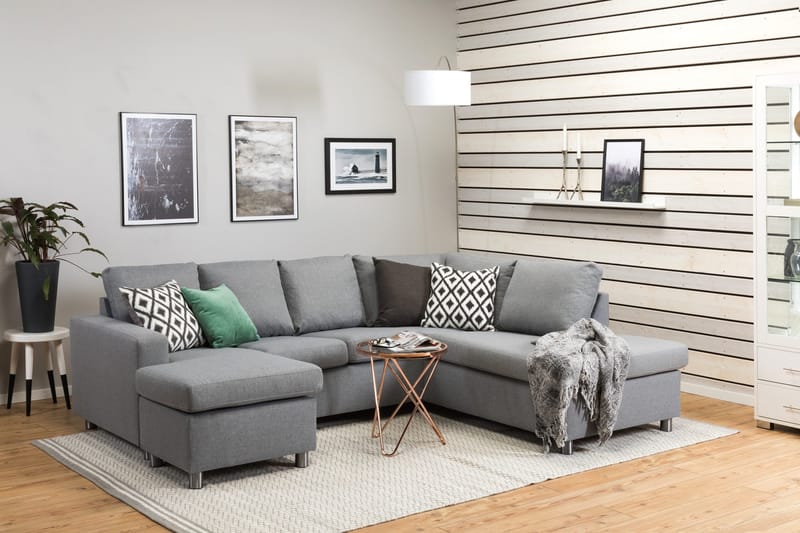 Crazy 4-seters Høyrevendt U-formet Large Sofa med Divan og Sjeselong i Stoff - Grå - Møbler - Sofaer - U-sofa