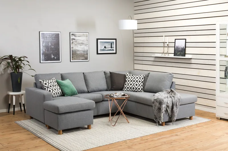 Crazy 4-seters Høyrevendt U-formet Large Sofa med Divan og Sjeselong i Stoff - Grå - Møbler - Sofaer - U-sofa