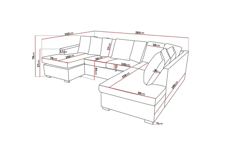 Crazy 4-seters Høyrevendt U-formet Large Sofa med Divan og Sjeselong i Stoff inkl. Pynteputer - Grå - Møbler - Sofaer - U-sofa