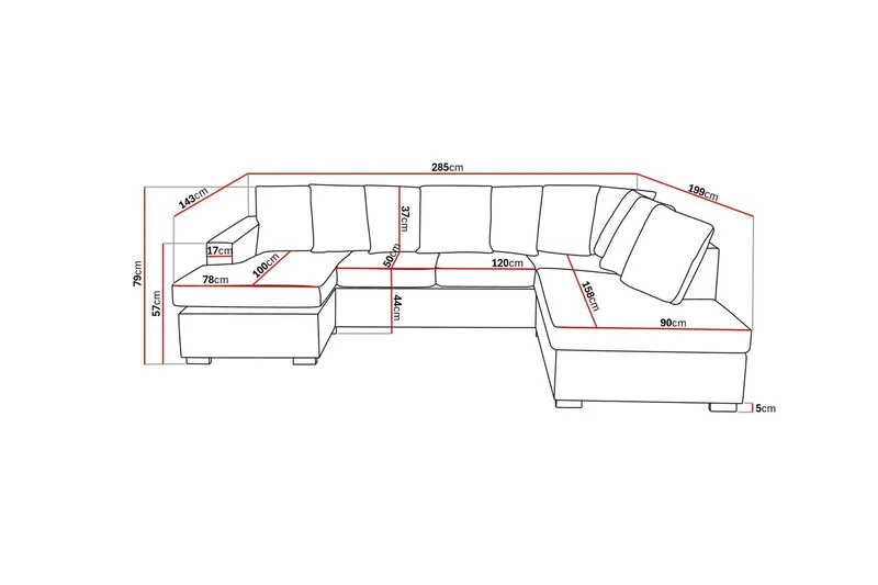 Crazy 4-seters Høyrevendt U-formet Large Sofa med Divan og Sjeselong i Stoff inkl. Pynteputer - Grå - Møbler - Sofaer - U-sofa