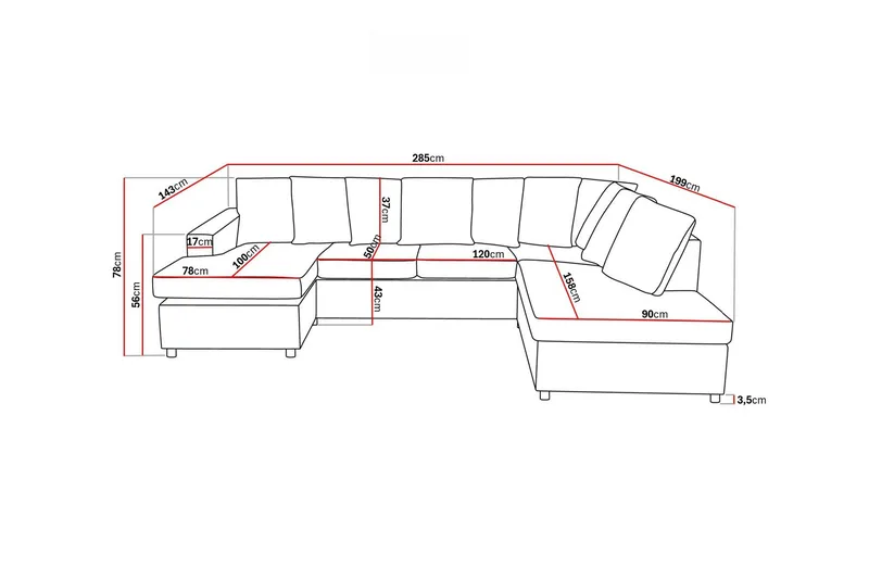 Crazy 4-seters Høyrevendt U-formet Large Sofa med Divan og Sjeselong i Stoff inkl. Pynteputer - Antrasitt - Møbler - Sofaer - U-sofa