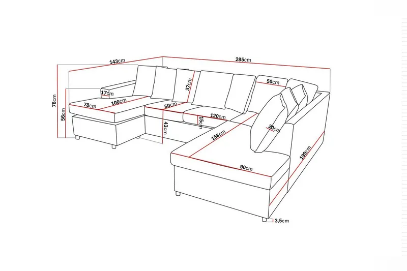 Crazy 4-seters Høyrevendt U-formet Large Sofa med Divan og Sjeselong i Stoff inkl. Pynteputer - Antrasitt - Møbler - Sofaer - U-sofa