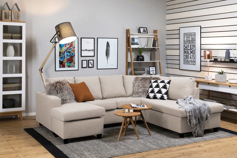 Crazy 4-seters Høyrevendt U-formet Small Sofa med Divan og Sjeselong i Stoff - Beige - Møbler - Sofaer - U-sofa