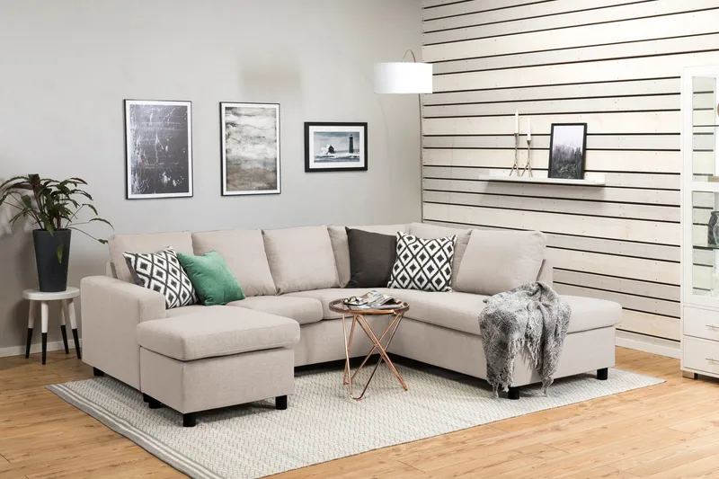 Crazy 4-seters Høyrevendt U-formet Small Sofa med Divan og Sjeselong i Stoff - Beige - Møbler - Sofaer - U-sofa