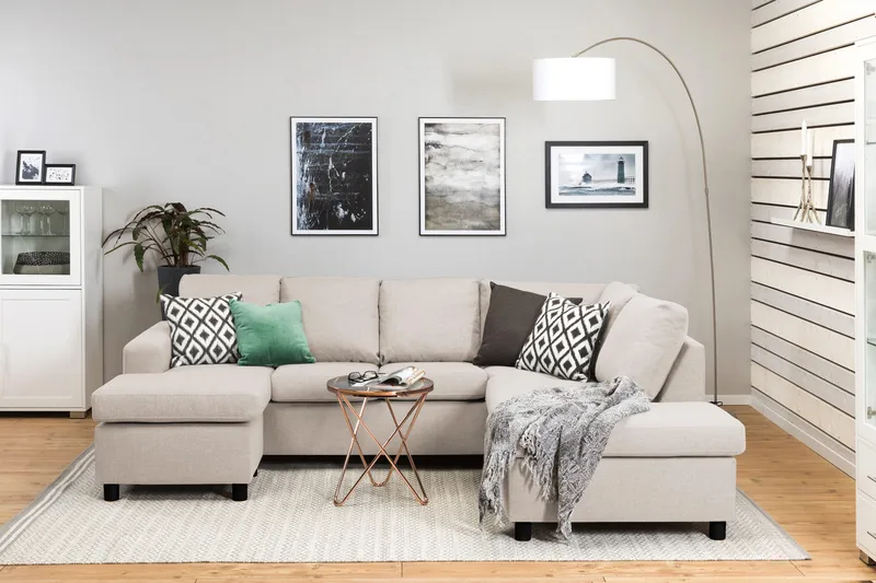 Crazy 4-seters Høyrevendt U-formet Small Sofa med Divan og Sjeselong i Stoff - Beige - Møbler - Sofaer - U-sofa