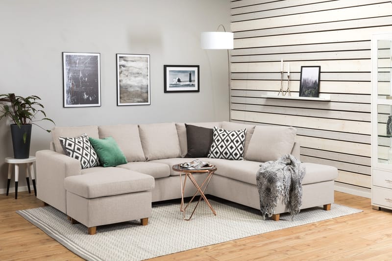 Crazy 4-seters Høyrevendt U-formet Small Sofa med Divan og Sjeselong i Stoff - Beige - Møbler - Sofaer - U-sofa