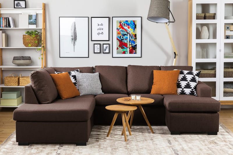 Crazy 4-seters Høyrevendt U-formet Small Sofa med Divan og Sjeselong i Stoff - Brun - Møbler - Sofaer - U-sofa