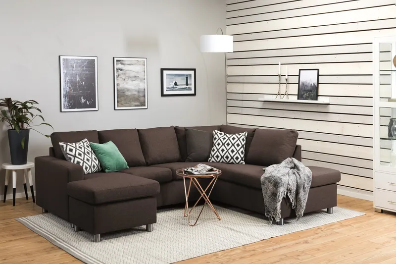 Crazy 4-seters Høyrevendt U-formet Small Sofa med Divan og Sjeselong i Stoff - Brun - Møbler - Sofaer - U-sofa