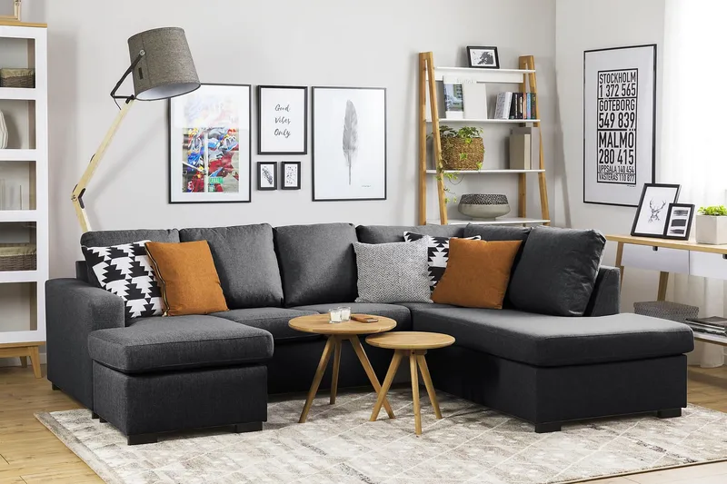 Crazy 4-seters Høyrevendt U-formet Small Sofa med Divan og Sjeselong i Stoff - Mørk grå - Møbler - Sofaer - U-sofa