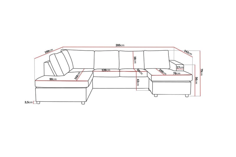 Crazy 4-seters Venstrevendt U-formet Large Sofa med Divan og Sjeselong i Stoff - Antrasitt - Møbler - Sofaer - U-sofa