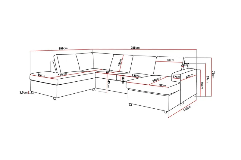 Crazy 4-seters Venstrevendt U-formet Large Sofa med Divan og Sjeselong i Stoff - Antrasitt - Møbler - Sofaer - U-sofa