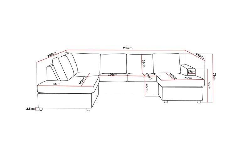 Crazy 4-seters Venstrevendt U-formet Large Sofa med Divan og Sjeselong i Stoff - Antrasitt - Møbler - Sofaer - U-sofa
