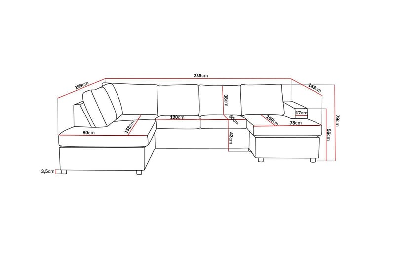 Crazy 4-seters Venstrevendt U-formet Large Sofa med Divan og Sjeselong i Stoff - Antrasitt - Møbler - Sofaer - U-sofa