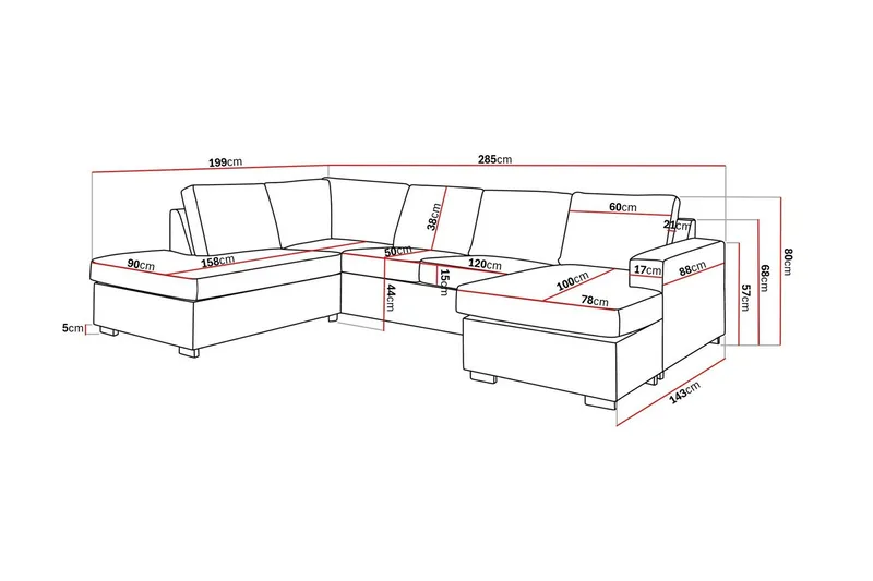 Crazy 4-seters Venstrevendt U-formet Large Sofa med Divan og Sjeselong i Stoff - Brun - Møbler - Sofaer - U-sofa