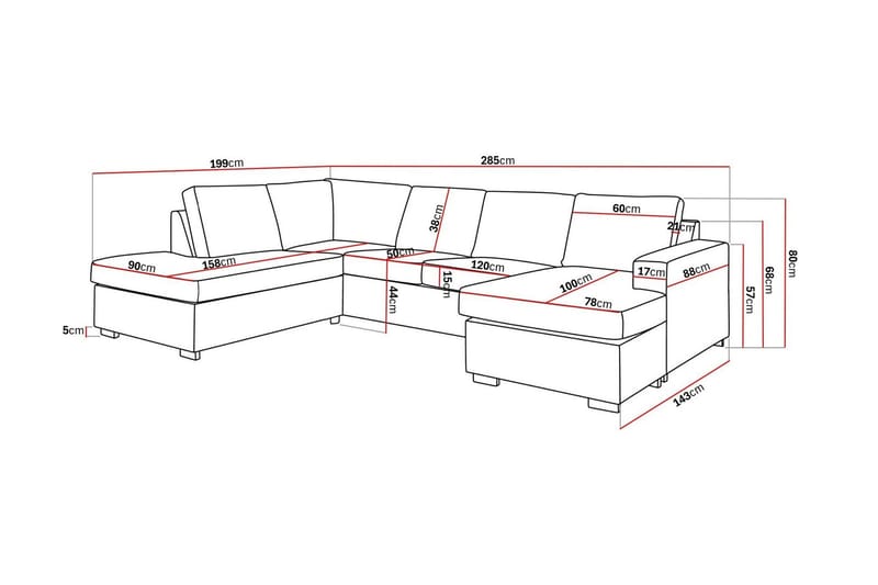 Crazy 4-seters Venstrevendt U-formet Large Sofa med Divan og Sjeselong i Stoff - Grå - Møbler - Sofaer - U-sofa
