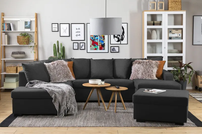 Crazy 4-seters Venstrevendt U-formet Large Sofa med Divan og Sjeselong i Stoff inkl. Pynteputer - Antrasitt - Møbler - Sofaer - U-sofa