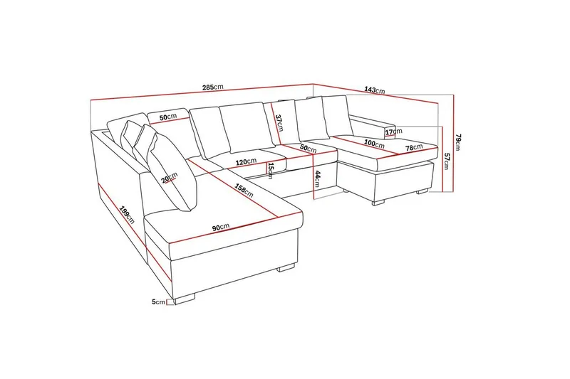 Crazy 4-seters Venstrevendt U-formet Large Sofa med Divan og Sjeselong i Stoff inkl. Pynteputer - Mørk grå - Møbler - Sofaer - U-sofa