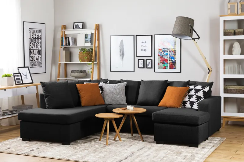 Crazy 4-seters Venstrevendt U-formet Large Sofa med Divan og Sjeselong i Stoff inkl. Pynteputer - Mørk grå - Møbler - Sofaer - U-sofa