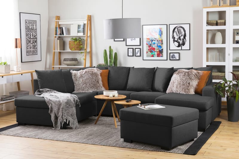 Crazy 4-seters Venstrevendt U-formet Large Sofa med Divan og Sjeselong i Stoff inkl. Pynteputer - Antrasitt - Møbler - Sofaer - U-sofa