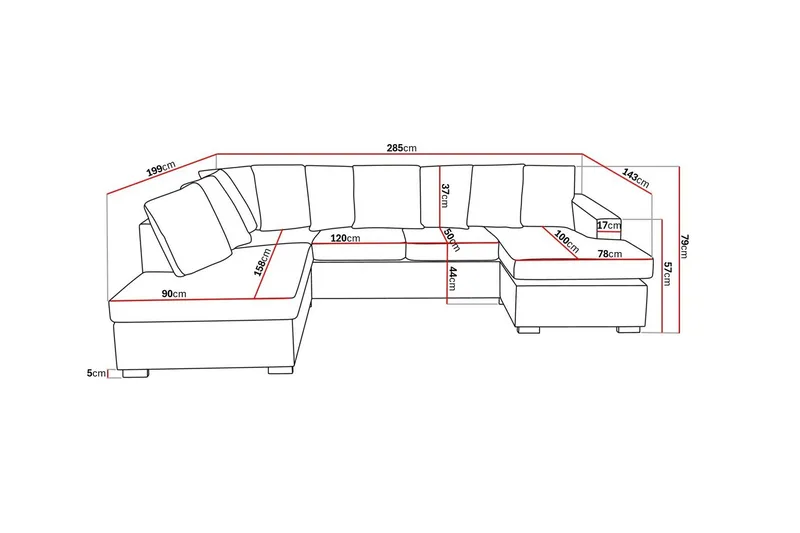 Crazy 4-seters Venstrevendt U-formet Large Sofa med Divan og Sjeselong i Stoff inkl. Pynteputer - Mørk grå - Møbler - Sofaer - U-sofa
