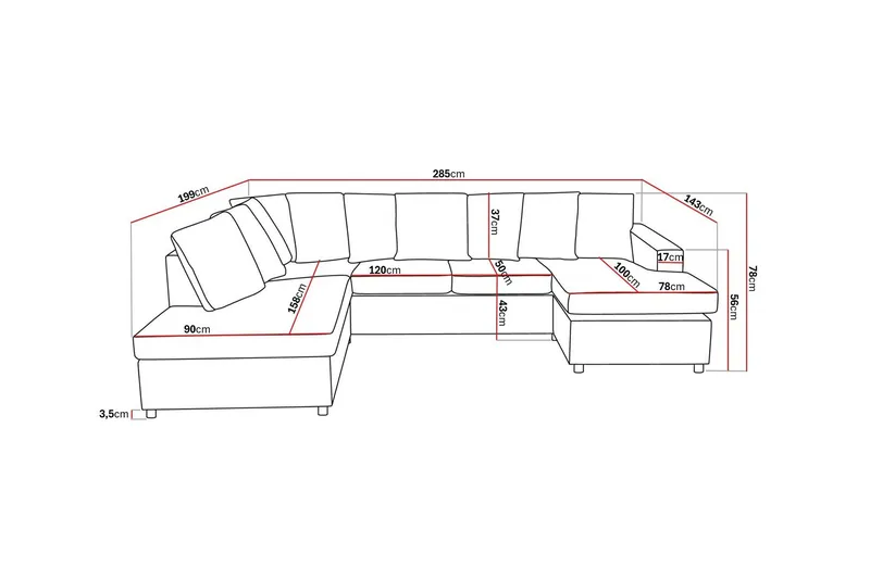Crazy 4-seters Venstrevendt U-formet Large Sofa med Divan og Sjeselong i Stoff inkl. Pynteputer - Antrasitt - Møbler - Sofaer - U-sofa