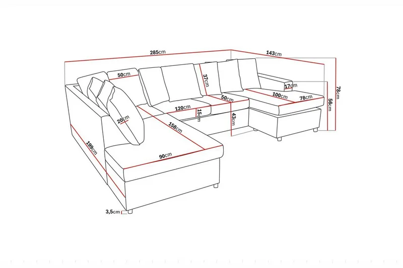 Crazy 4-seters Venstrevendt U-formet Large Sofa med Divan og Sjeselong i Stoff inkl. Pynteputer - Antrasitt - Møbler - Sofaer - U-sofa